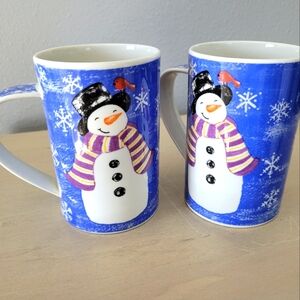 Retired Dunoon Stoneware "Snowflake" Santa & Frosty pair of tall Christmas mugs